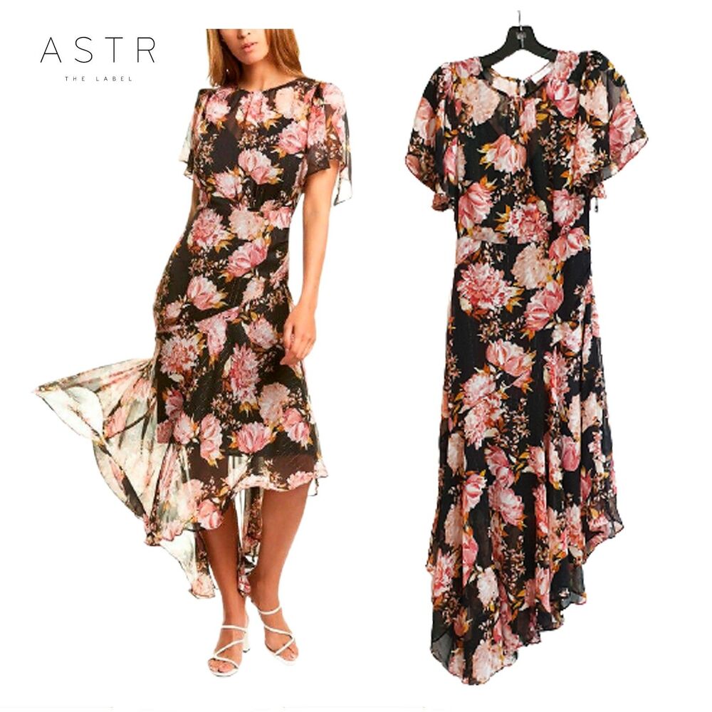 ASTR NEW Romantic Asymmetrical Hem Floral/Metallic Flutter Sleeves Dress XS